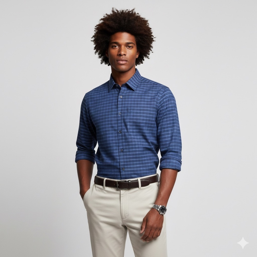 129 THEORY Men's Long Sleeve Plaid Shirt in 'Good Cotton', Blue, XL